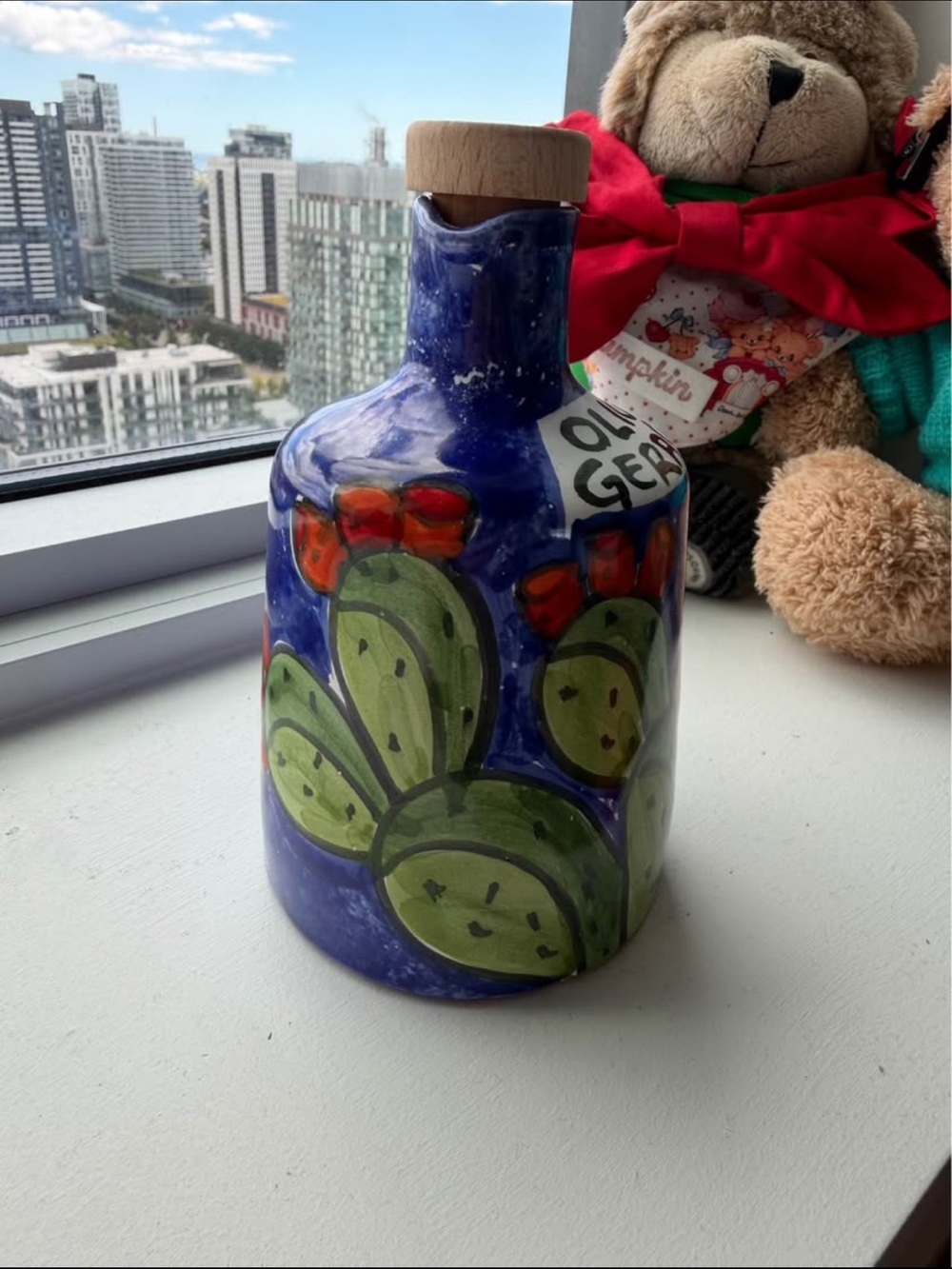 Hand-Painted Blue Cactus Ceramic Bottle with Cork Stopper